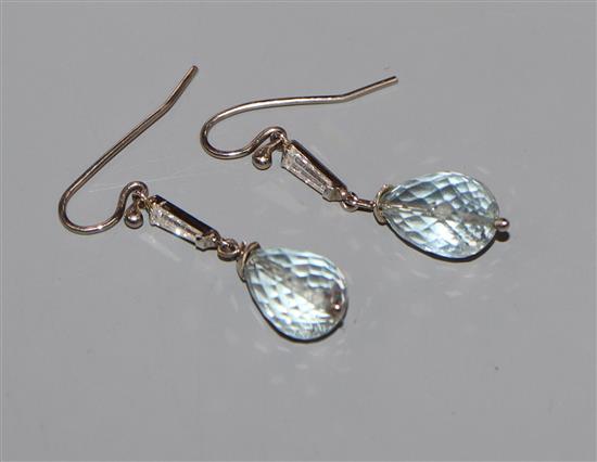 A pair of white metal, diamond and facetted pear shaped aquamarine set drop earrings, 29mm.